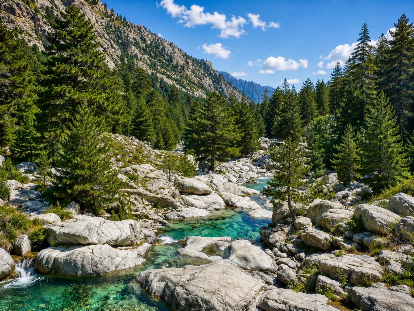 Rivière turquoise en montagne, forêt de sapins et roches granitiques dans un paysage alpin naturel et préservé
